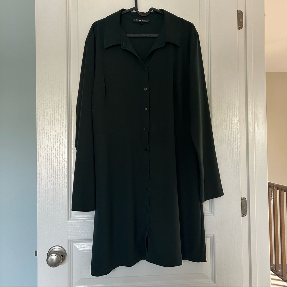Dynamite Green Long Sleeve Notched Collar Shirt Dress